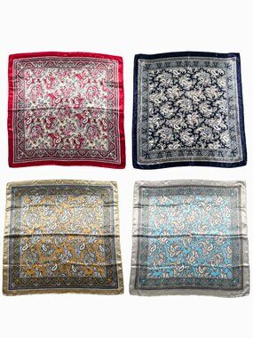Set of 4 Satin Paisley Square Scarves Head Scarf Hair Wrap Bandana 24x24